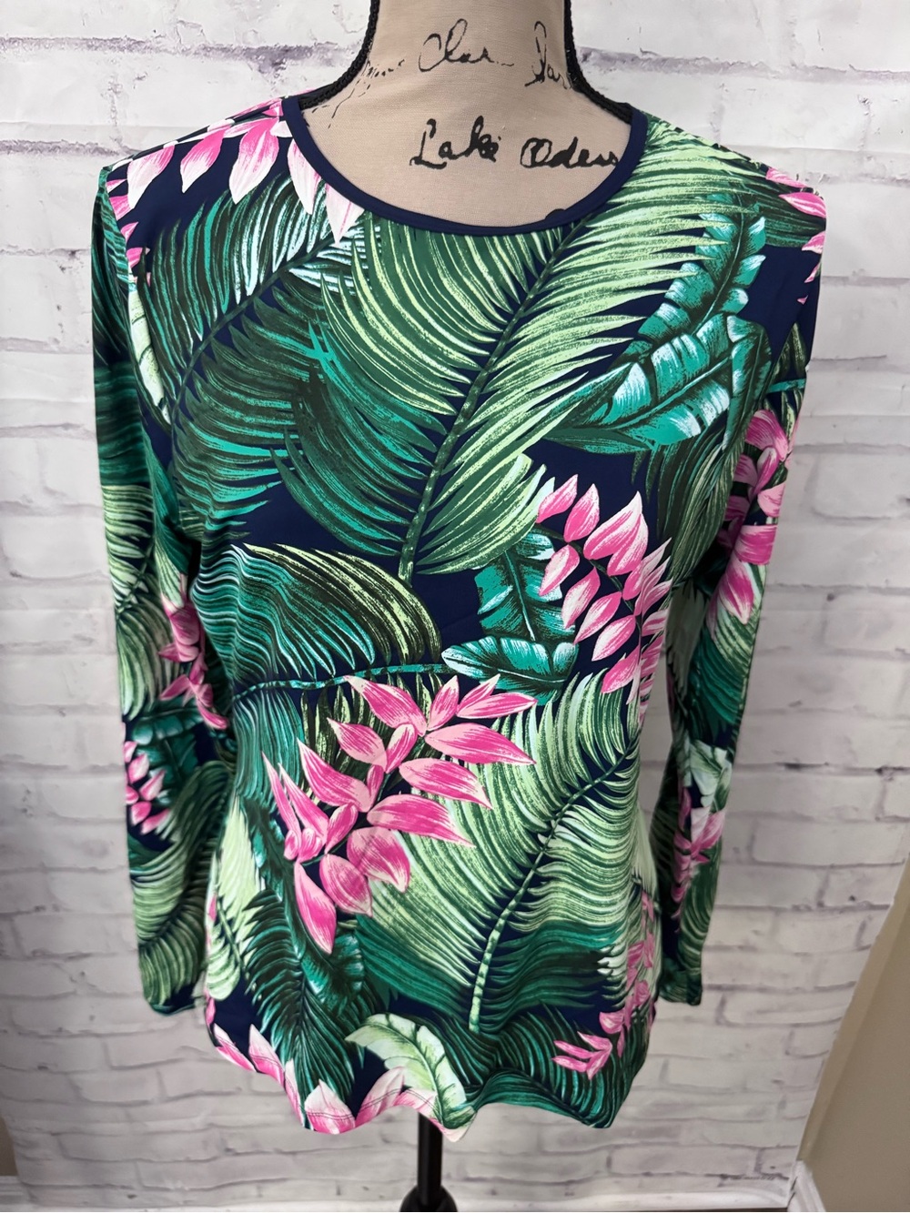 Lands’ End Rash Guard Swim T Shirt Size S 6-8 Palm Leaf Tropical Flower Modest